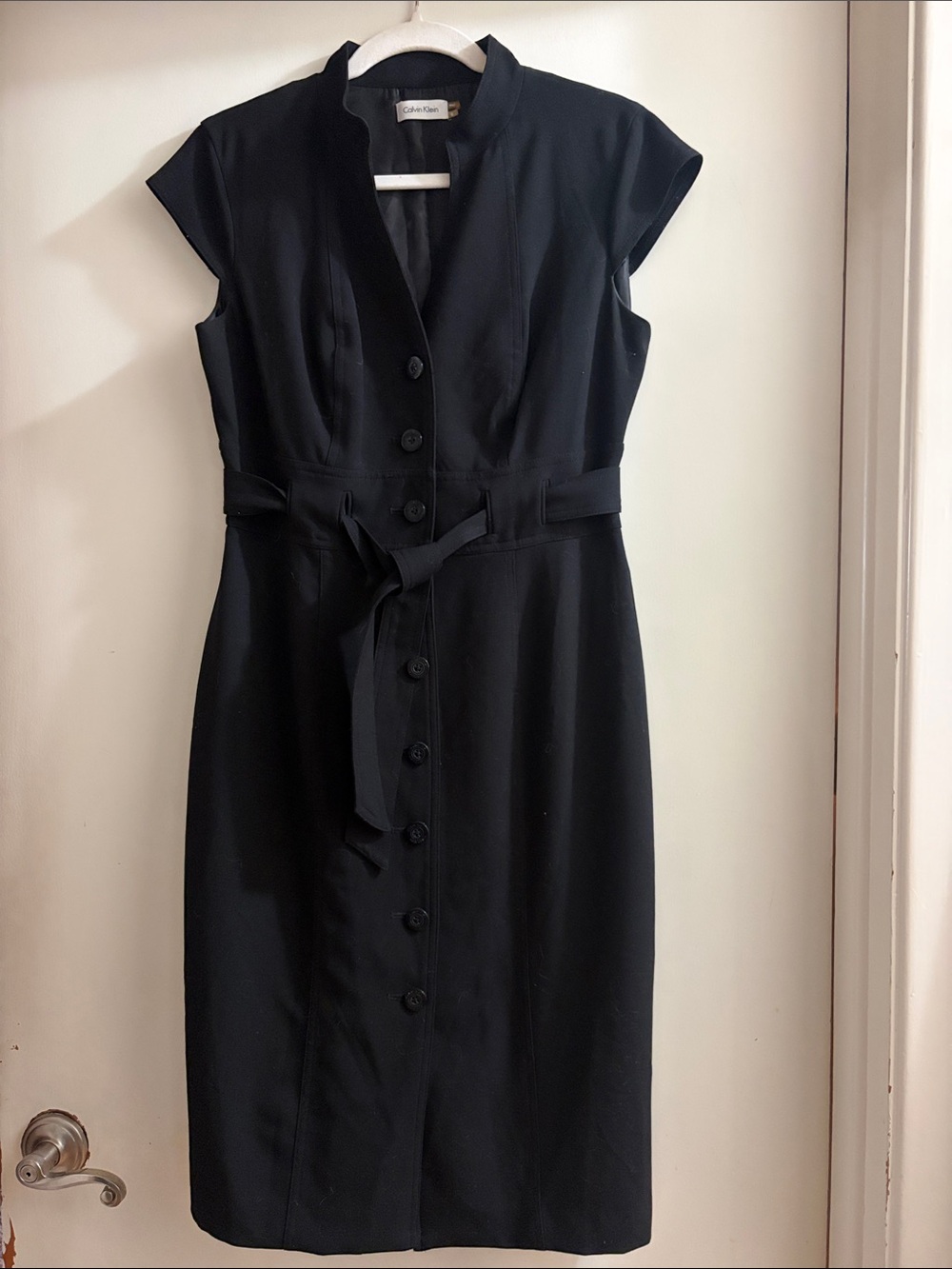 Calvin Klein Black Button-Front Tie-Waist Midi Dress